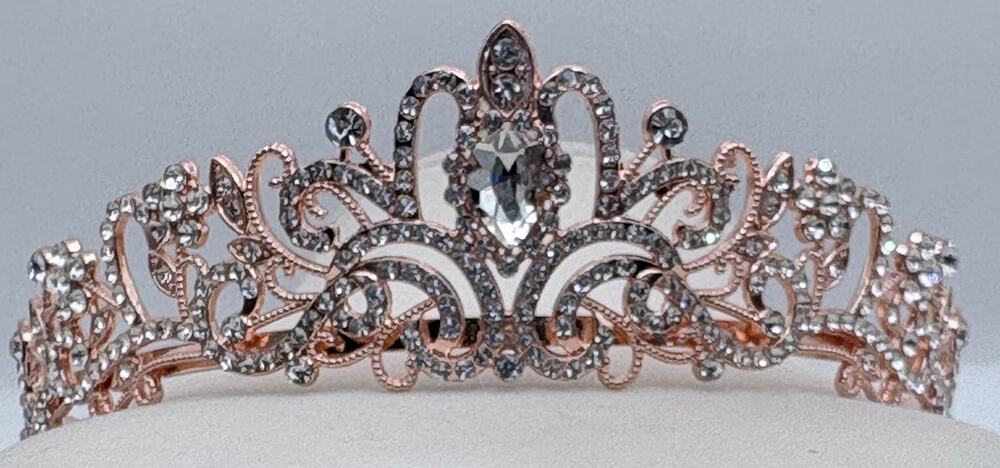 Rose Goldtone Tiara with Floral and Scroll Rhinestone Details